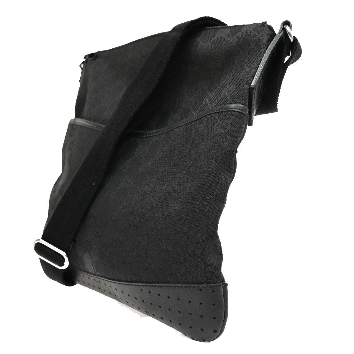 Gucci Zip Messenger Bag Gg Canvas With Perforated Leather Black Canvas Shoulder Bag Bag ( )