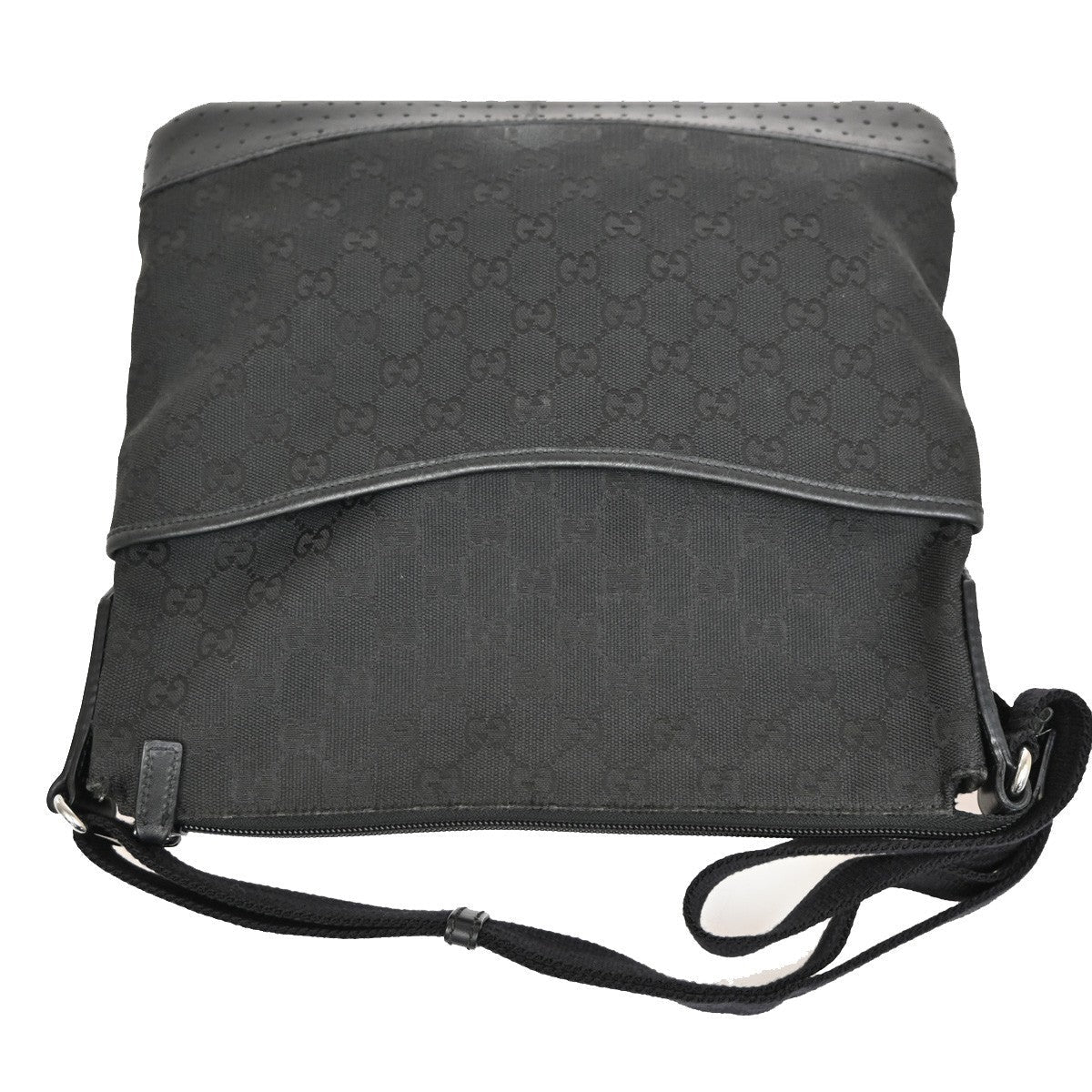 Gucci Zip Messenger Bag Gg Canvas With Perforated Leather Black Canvas Shoulder Bag Bag ( )