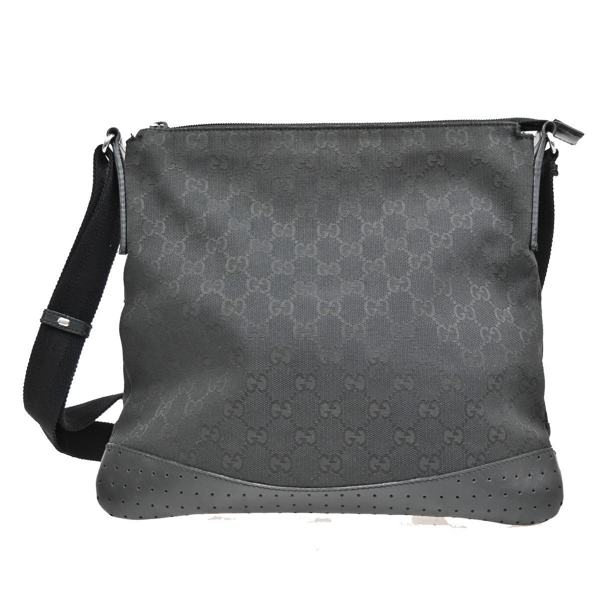Gucci Zip Messenger Bag Gg Canvas With Perforated Leather Black Canvas Shoulder Bag Bag ( )