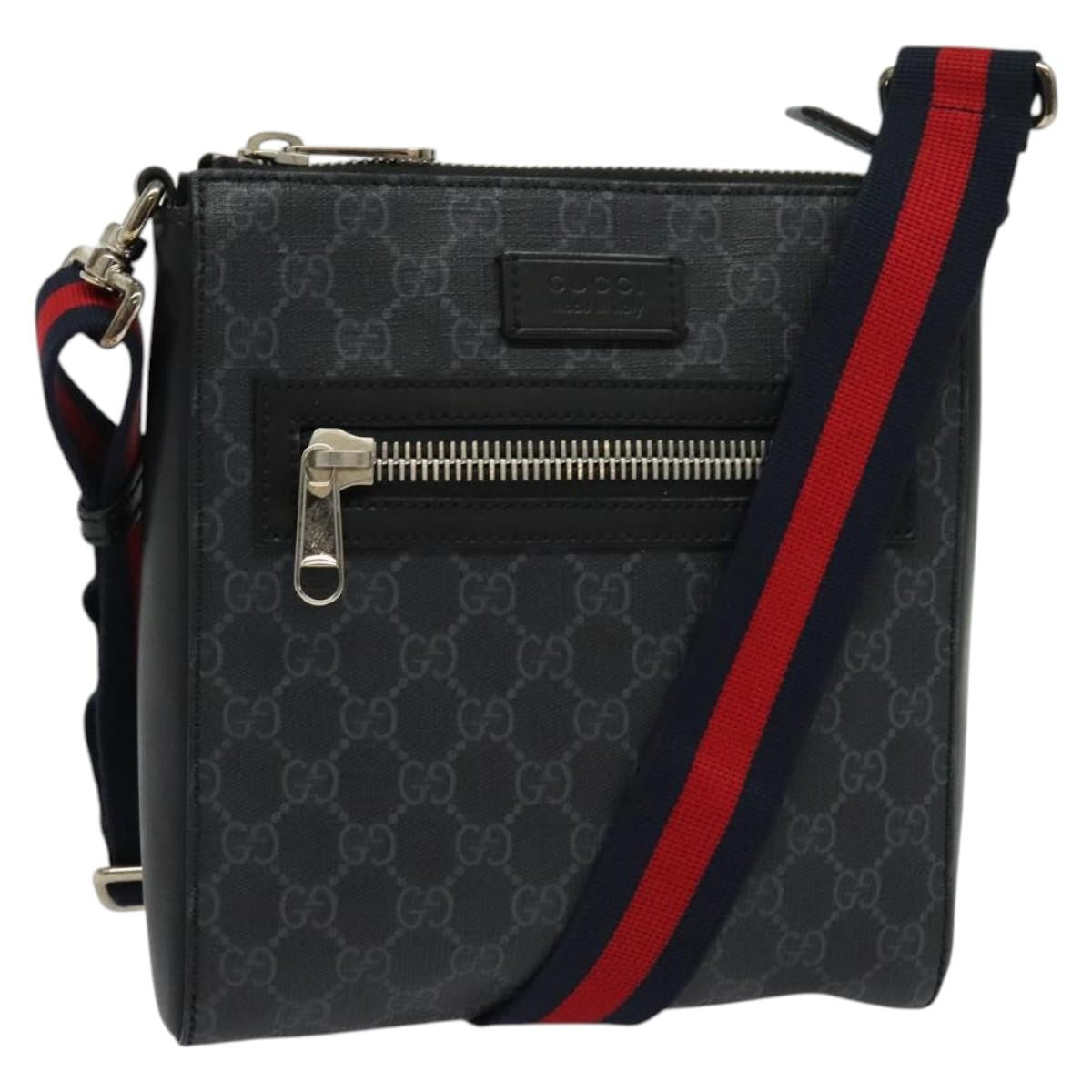 Gucci Web Strap Front Zip Messenger Bag Gg Coated Canvas Black Canvas Bag ( )