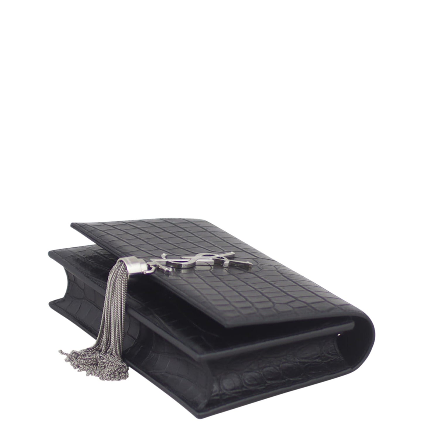 Saint Laurent Kate Tassel Croc Embossed Chain Wallet