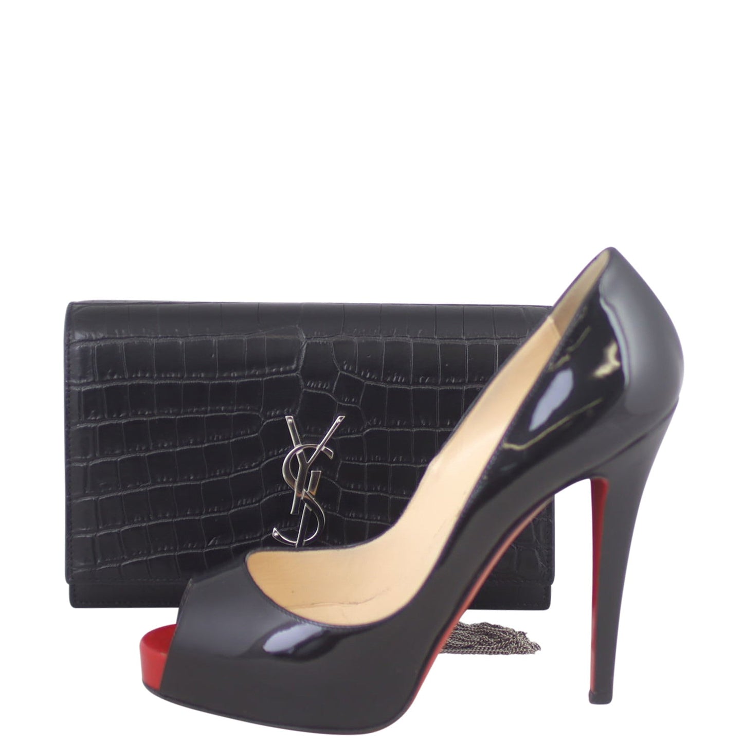 Saint Laurent Kate Tassel Croc Embossed Chain Wallet
