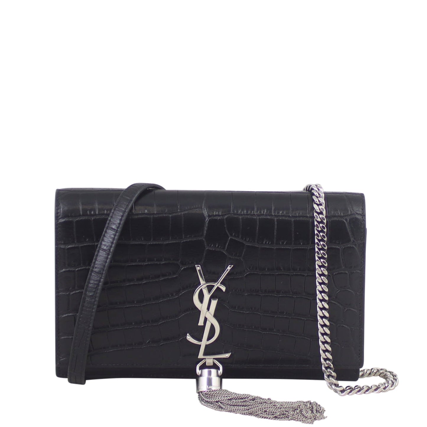 Saint Laurent Kate Tassel Croc Embossed Chain Wallet