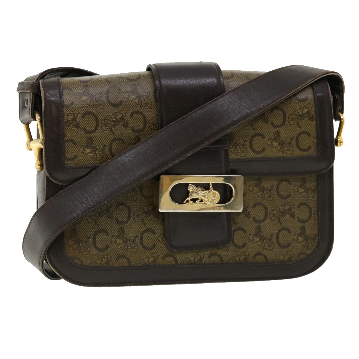 Luxury CELINE C Macadam Canvas Gold Horse Carriage Shoulder Bag Brown  tb272