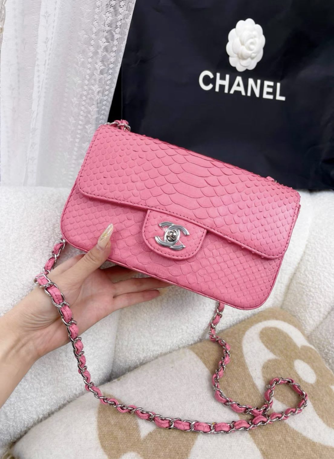 Chanel pink snake leather cf large mini