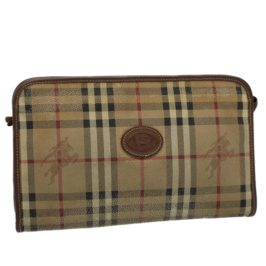 Luxury BurberrySs Nova Check Clutch Bag PVC Leather Beige Auth ti1243