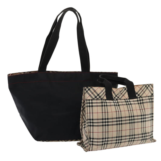 Luxury Burberry s Nova Check Blue Label Hand Bag Canvas 2Set Black Auth ti1803