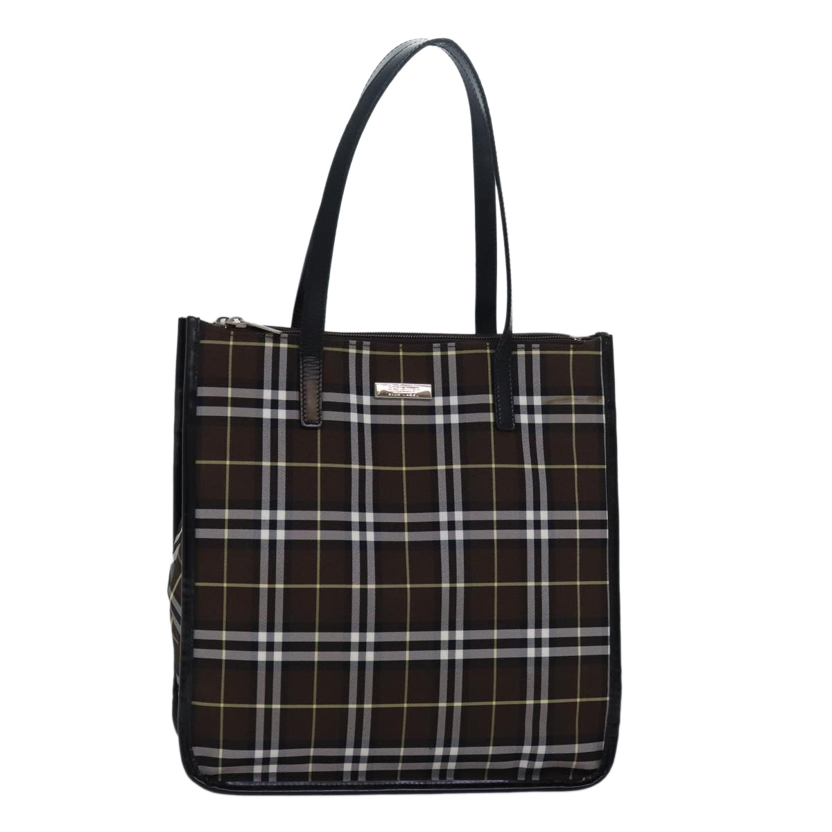 Luxury BurberrySs Nova Check Blue Label Tote Bag Nylon Leather Brown Black Auth ti1822
