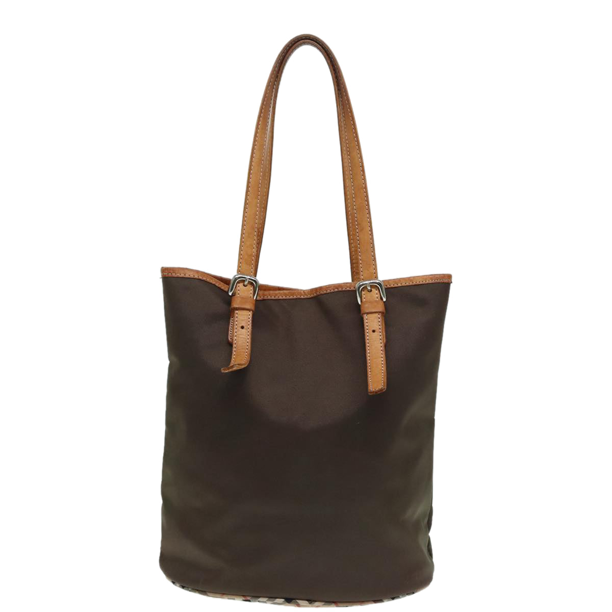 Luxury BurberrySs Nova Check Blue Label Tote Bag Nylon Beige Brown Silver Auth ti2015