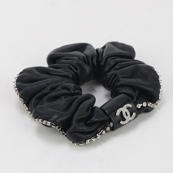 CHANEL hair accessory CC mark Shush leather,Rhinestone black Women