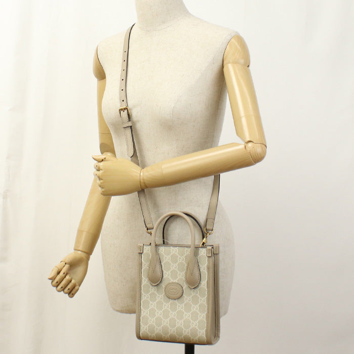 GUCCI 671623 Tote Bag Interlocking G 2WAY Mini Tote Bag GG Supreme Canvas,leather beige Women