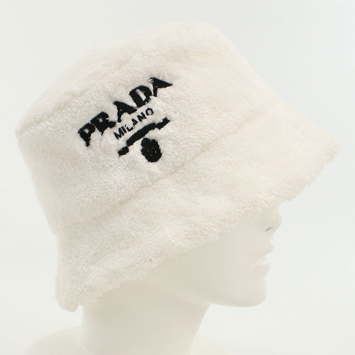 PRADA 1HC137 2DXO hat Terry cloth fur lettering logo Bucket hat polyester white Women