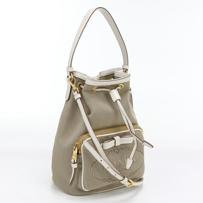 PRADA 1BH097 Handbag Logo jacquard Bucket Bag 2Way Handbag leather beige Women