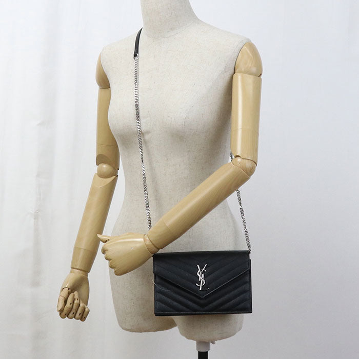 SAINT LAURENT 742920 envelope Cassandra Chain wallet Calfskin black  Women