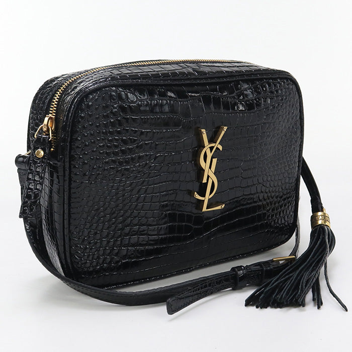 SAINT LAURENT 612544 Diagonal Shoulder Bag/Croco embossed leather black Women