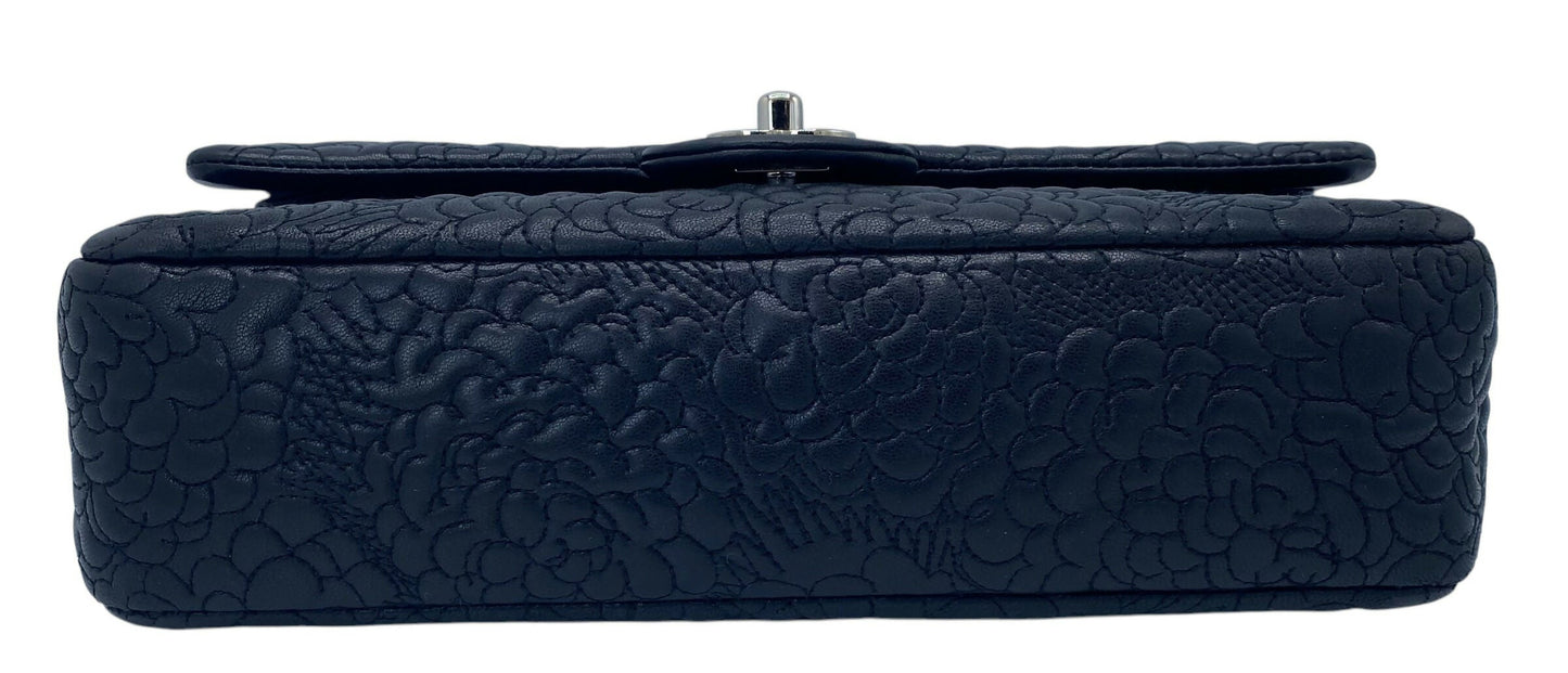 Chanel Black Camellia Embossed Lambskin Classic Timeless Medium Double Flap Bag SHW