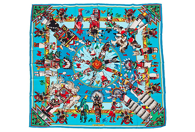 Hermes Teal Kachinas Scarf