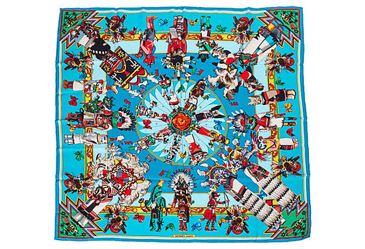 Hermes Teal Kachinas Scarf