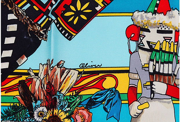 Hermes Teal Kachinas Scarf