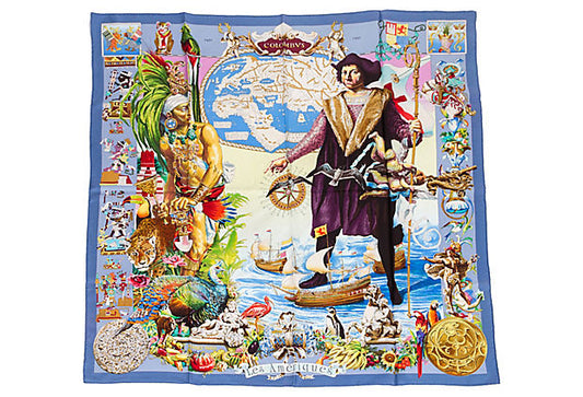 Hermes Blue Les Ameriques Silk Scarf