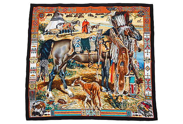 Hermes Les Cheyennes Brown Silk Scarf