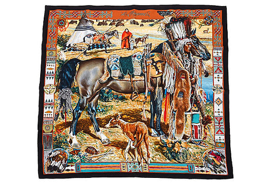 Hermes Les Cheyennes Brown Silk Scarf