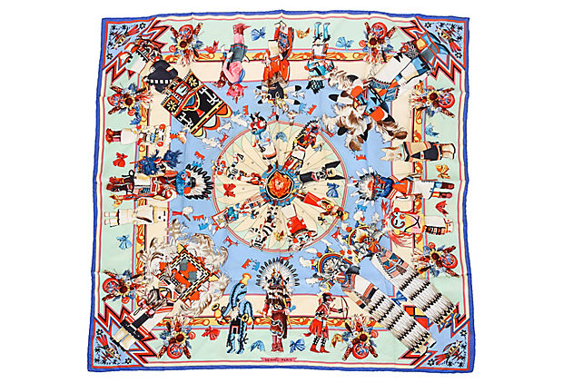 Hermes Teal Silk Kachinas Scarf