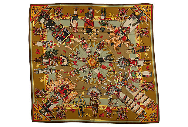 Hermes Olive Green Silk Kachinas Scarf