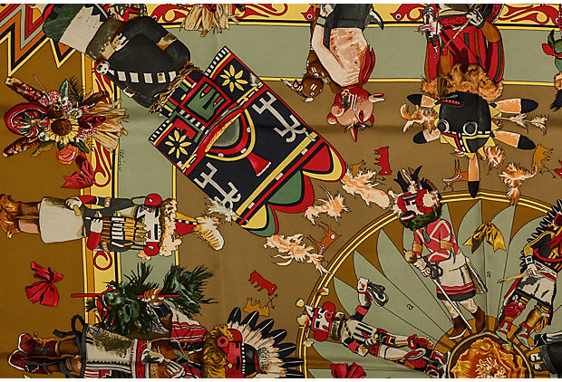 Hermes Olive Green Silk Kachinas Scarf