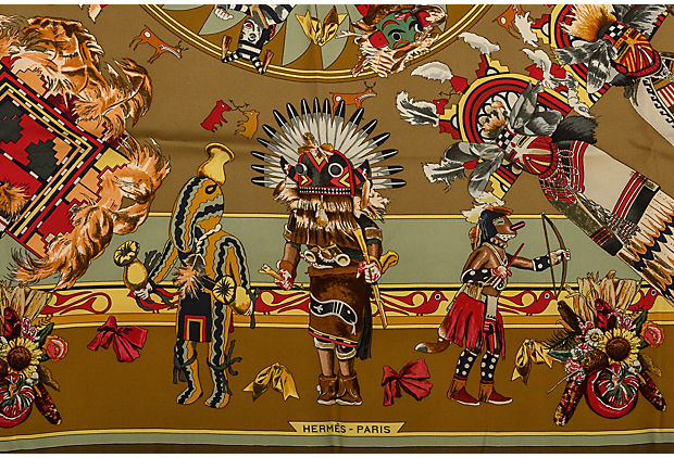 Hermes Olive Green Silk Kachinas Scarf