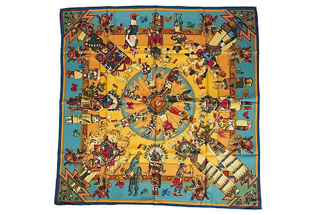 Hermes Blue & Yellow Kachinas Scarf with original box