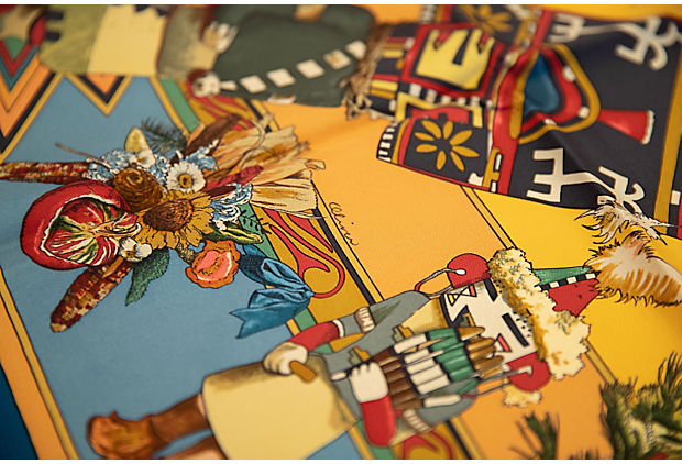 Hermes Blue & Yellow Kachinas Scarf with original box