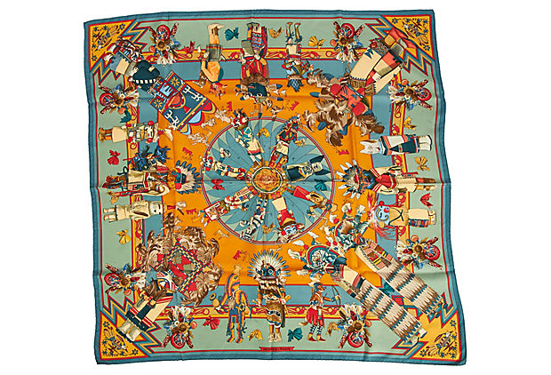Hermes Teal & Orange Silk Kachinas Scarf
