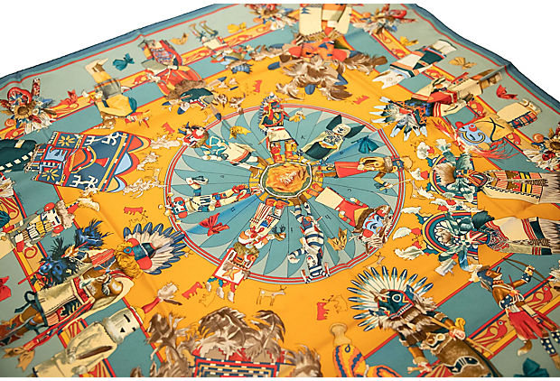 Hermes Teal & Orange Silk Kachinas Scarf