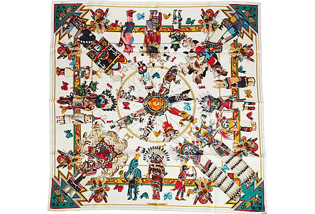 Hermes White & Red Silk Kachinas Scarf