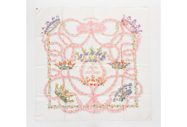 Hermes "Le Sacre"Pink & White Silk Scarf