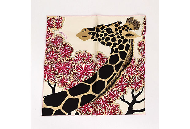 Hermes White Silk Giraffe Gavroche Scarf