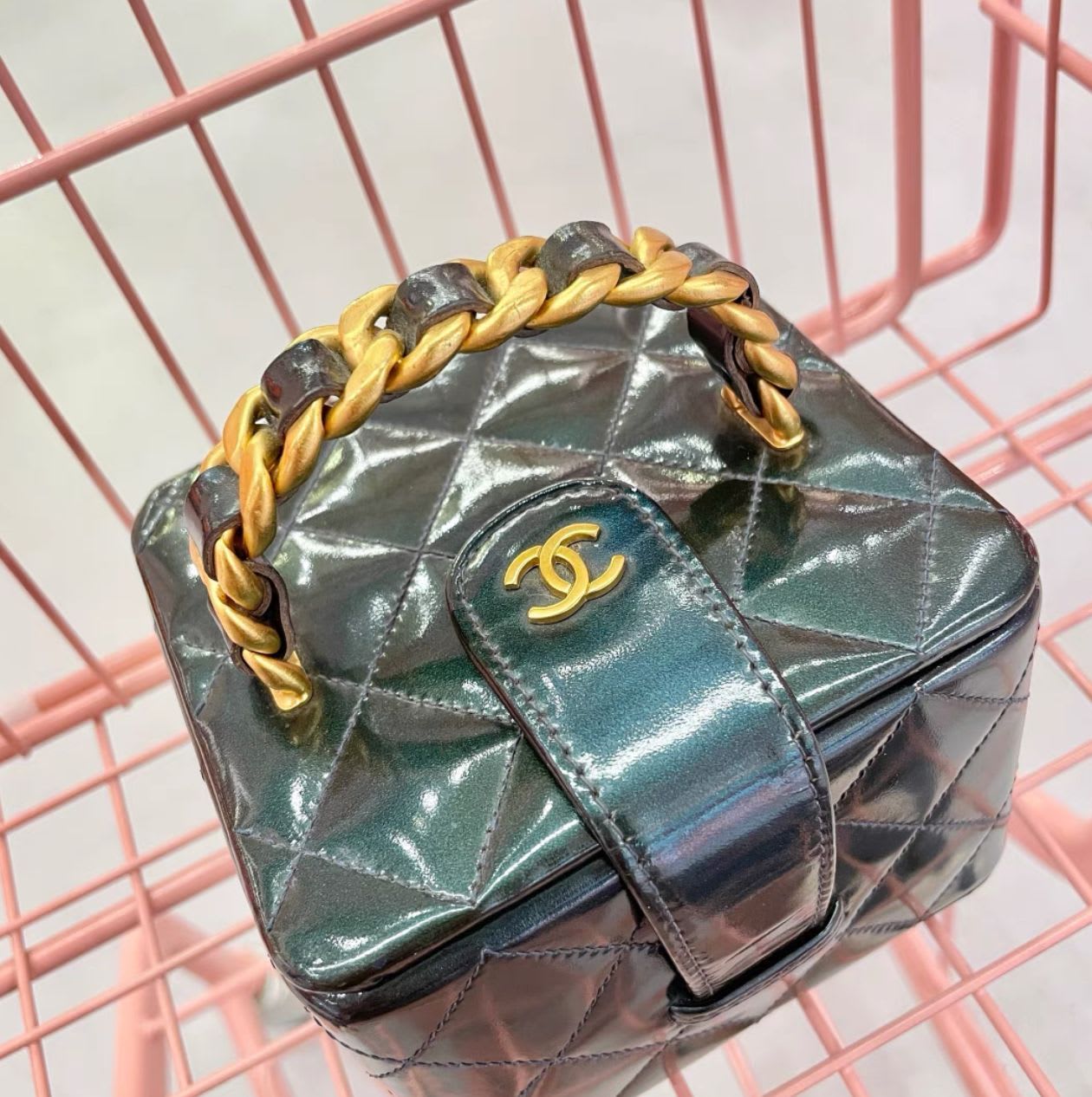 Chanel Vanity Case Micro Mini 90s  Green Rare Patent Clutch