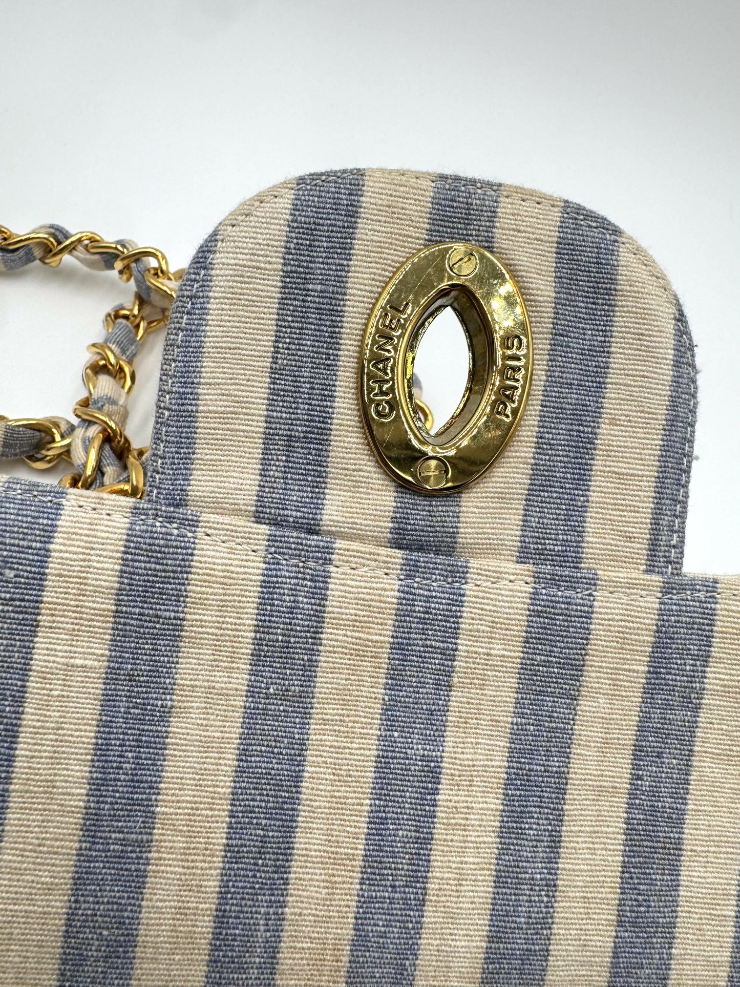 Chanel  1990s Jumbo Blue and White Striped Linen and Cotton Classic Flap Bag