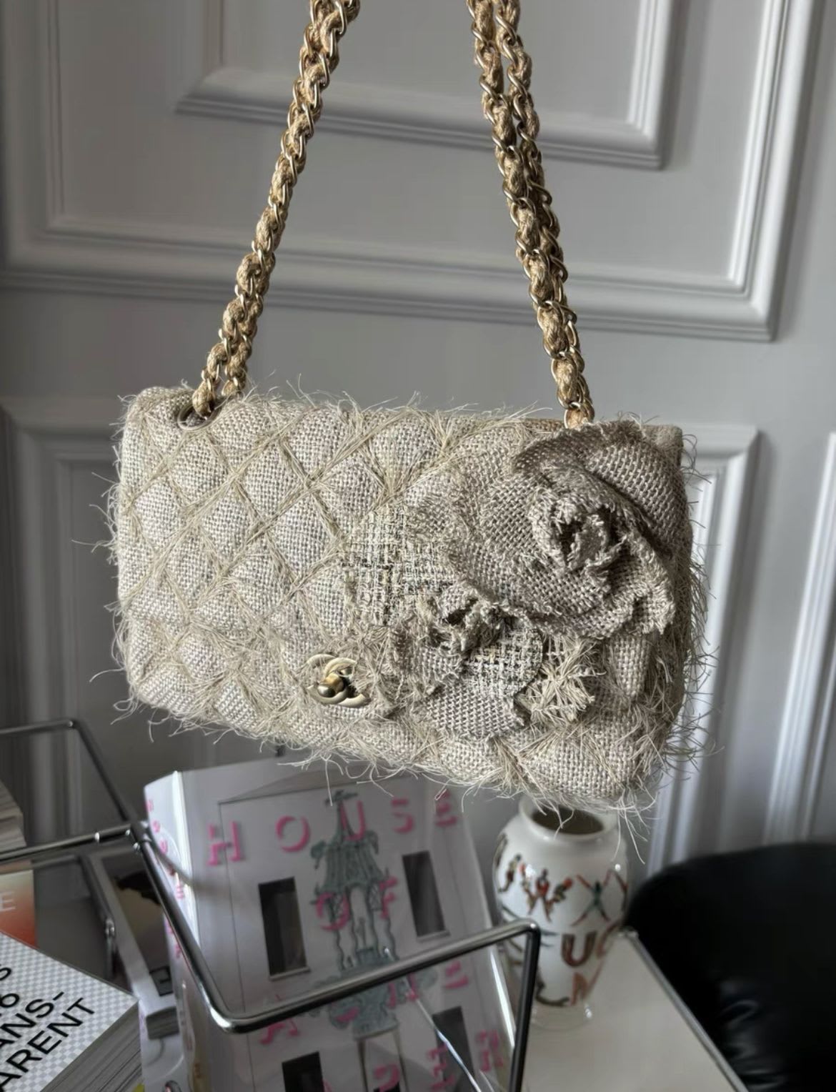 Chanel Camellia Linen Matelasse Chain Flap Bag