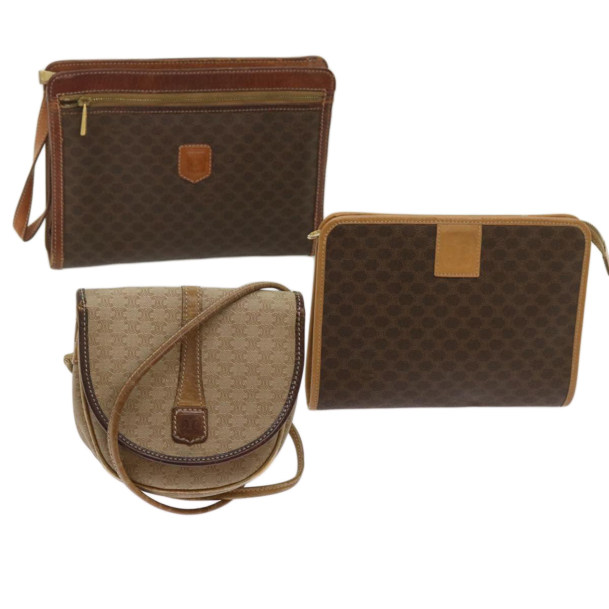 Luxury CELINE Macadam Canvas Clutch Bag Shoulder Bag PVC 3Set Brown Beige 10921