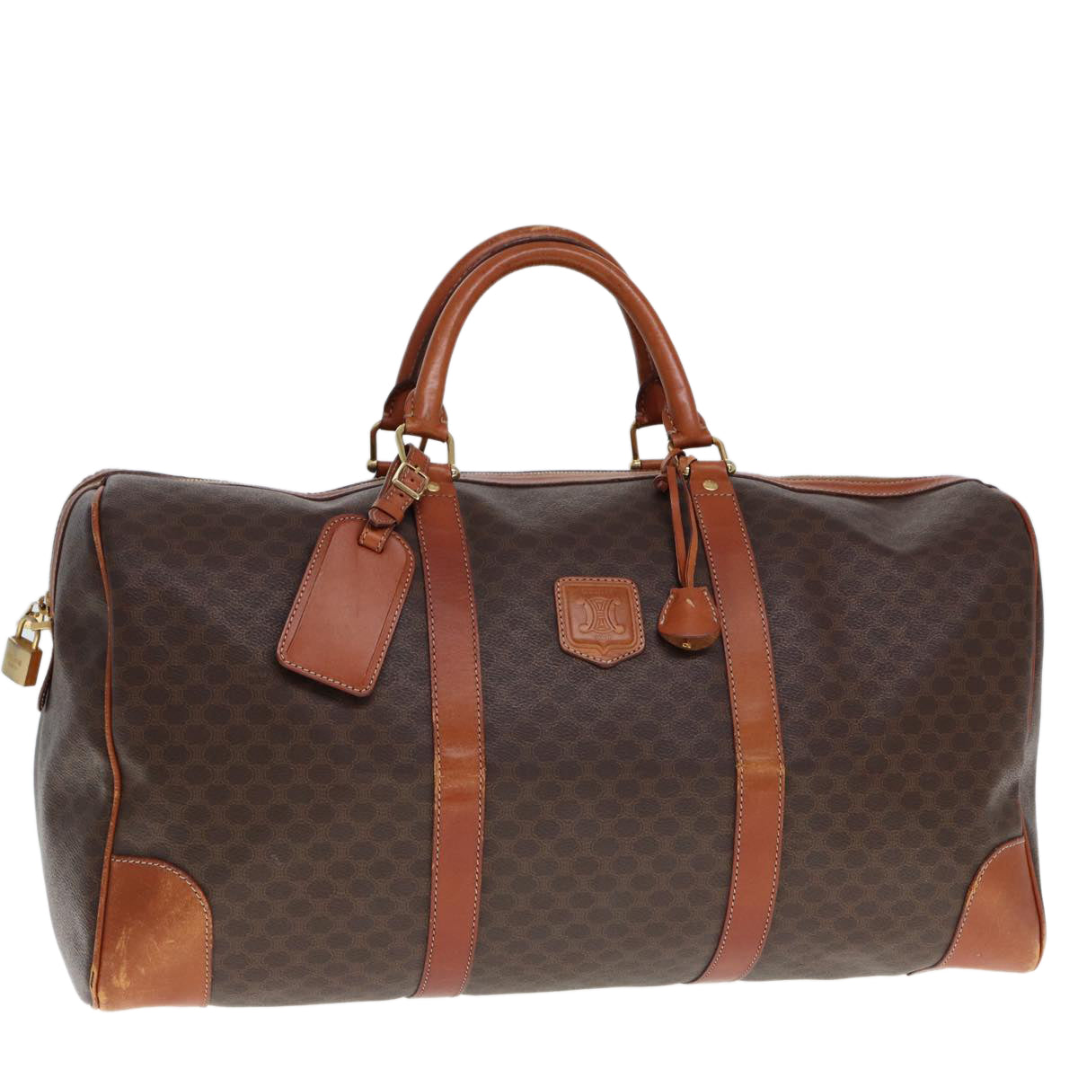 Luxury CELINE Macadam Canvas Boston Bag PVC Leather Brown 12899