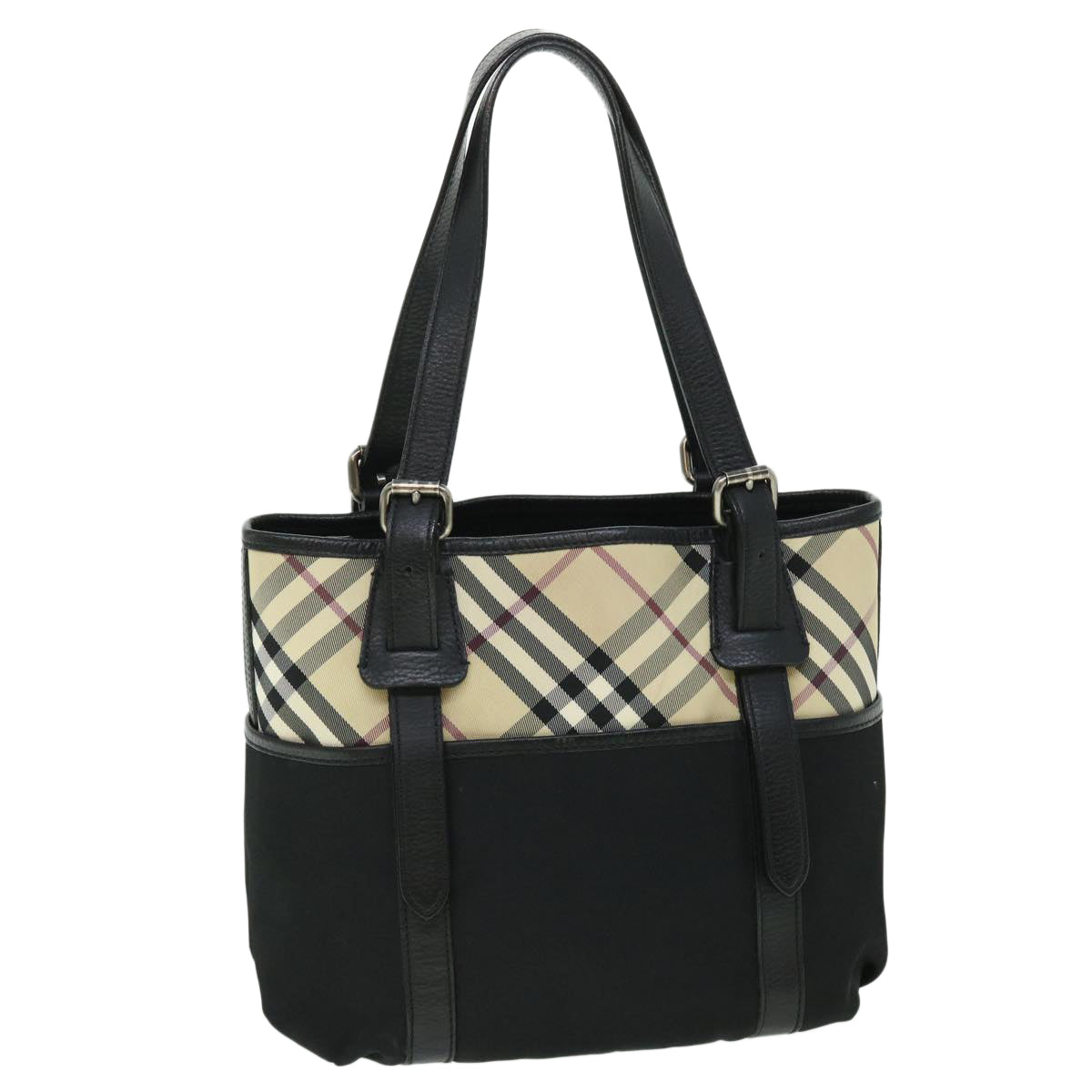 Luxury Burberry Nova Check Tote Bag Nylon Beige Black Auth yk8426