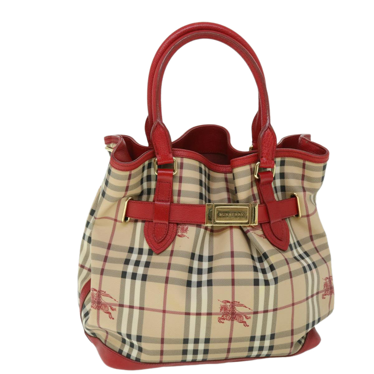 Luxury Burberry Nova Check Tote Bag PVC Leather Beige Red Auth yk8482