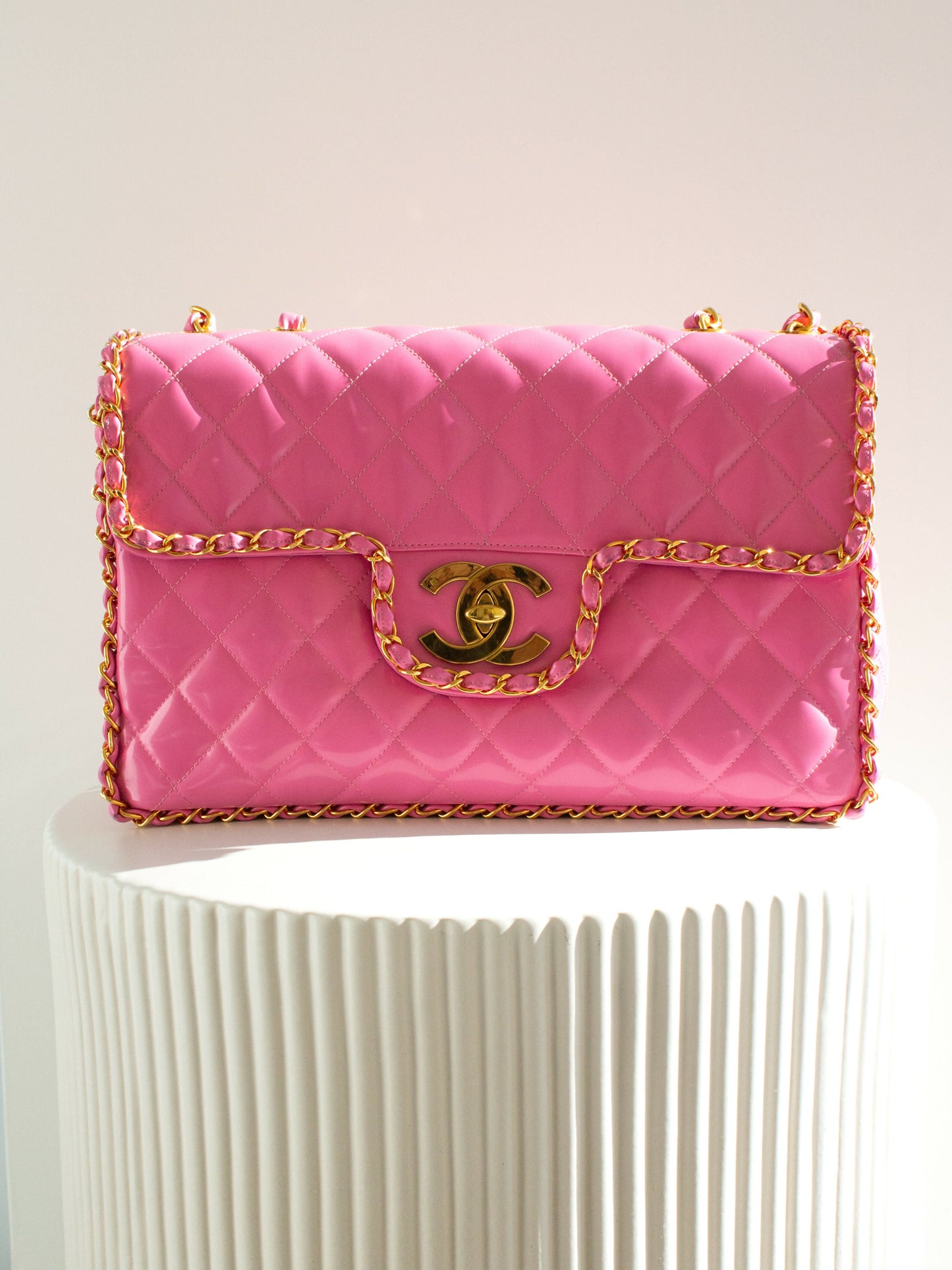 Chanel  S/S1995 Barbie Pink 24K Gold Chain Around Patent Lambskin Jumbo XL 95P Bag