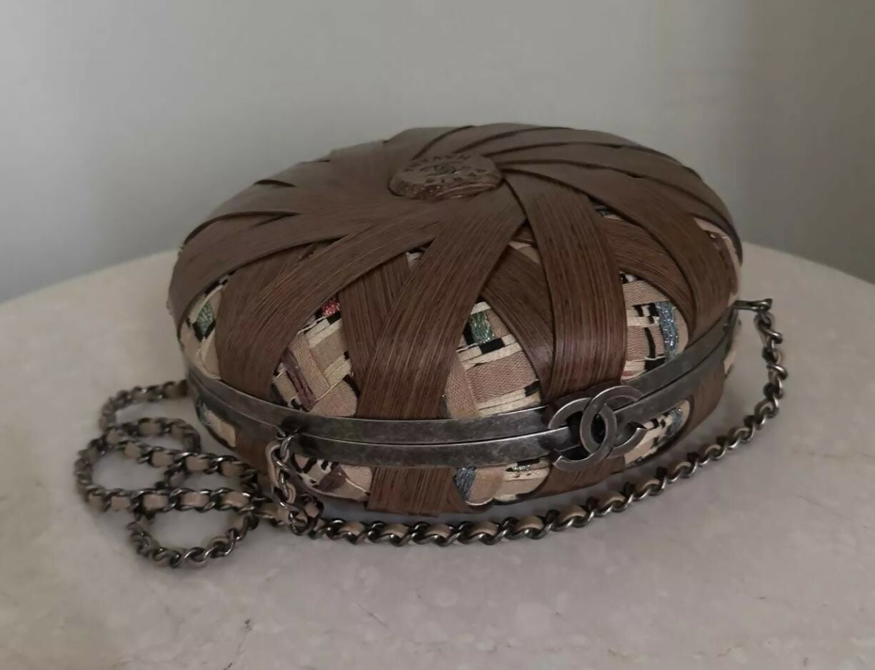 Chanel Havana By Night Round Woven Wood and Tweed Minaudière