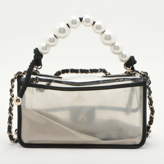 Chanel Black Lambskin PVC Sand By The Sea With Pearl Strap Flap Bag